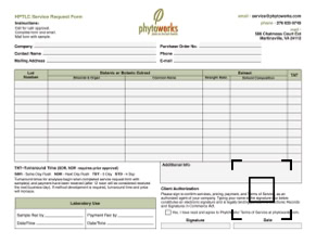 Service Request Form - Downloadable and fillable PDF document for clients to request botanical and fungal authentication testing via HPTLC standards.